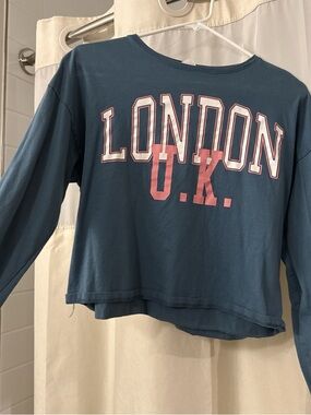 Zara Blue Long Sleeve 'LONDON U.K.' Graphic Tee with Pink Lettering